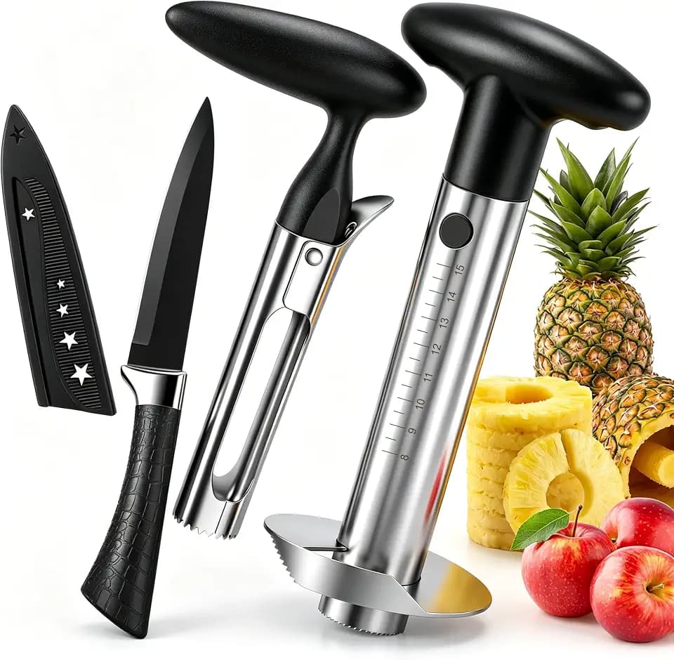Pineapple Corer and Slicer, Stainless Steel Pineapple Cutter and Corer, Upgraded Pineapple Peeler and Apple Corer Tool with Pineapple Core Remover for Corer Tool Kitchen (Black)