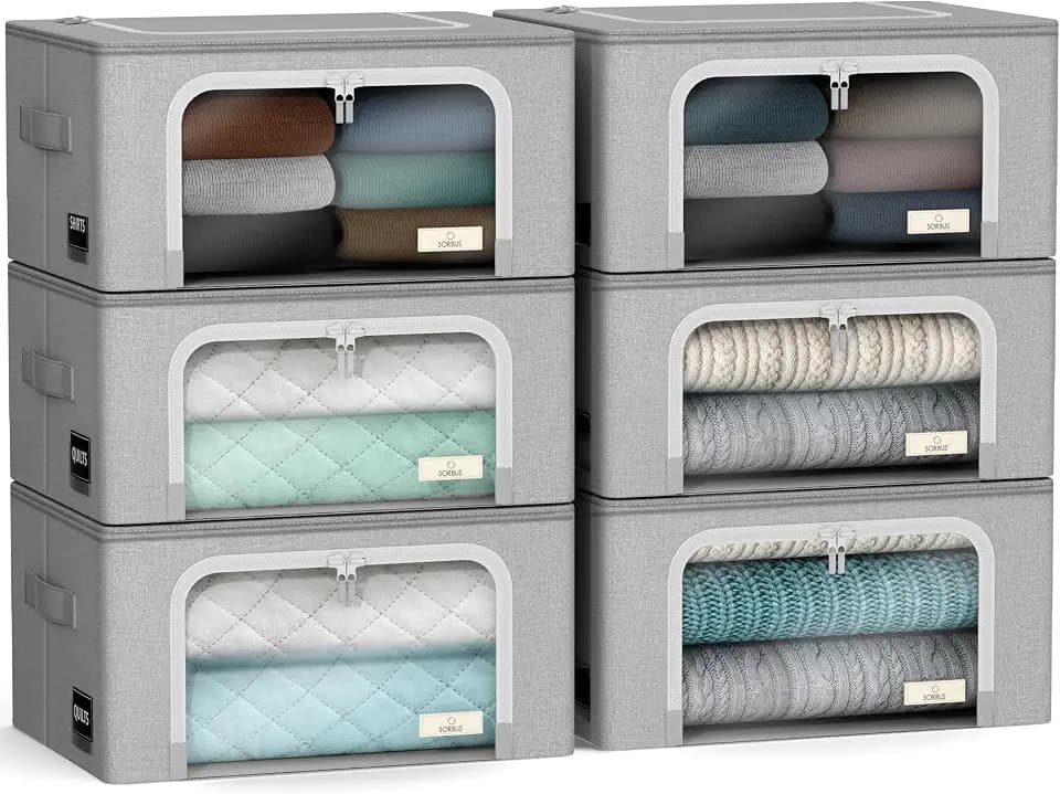 Sorbus Clothes Storage Bins, Clear Window & Handles (6 Pack, Gray)