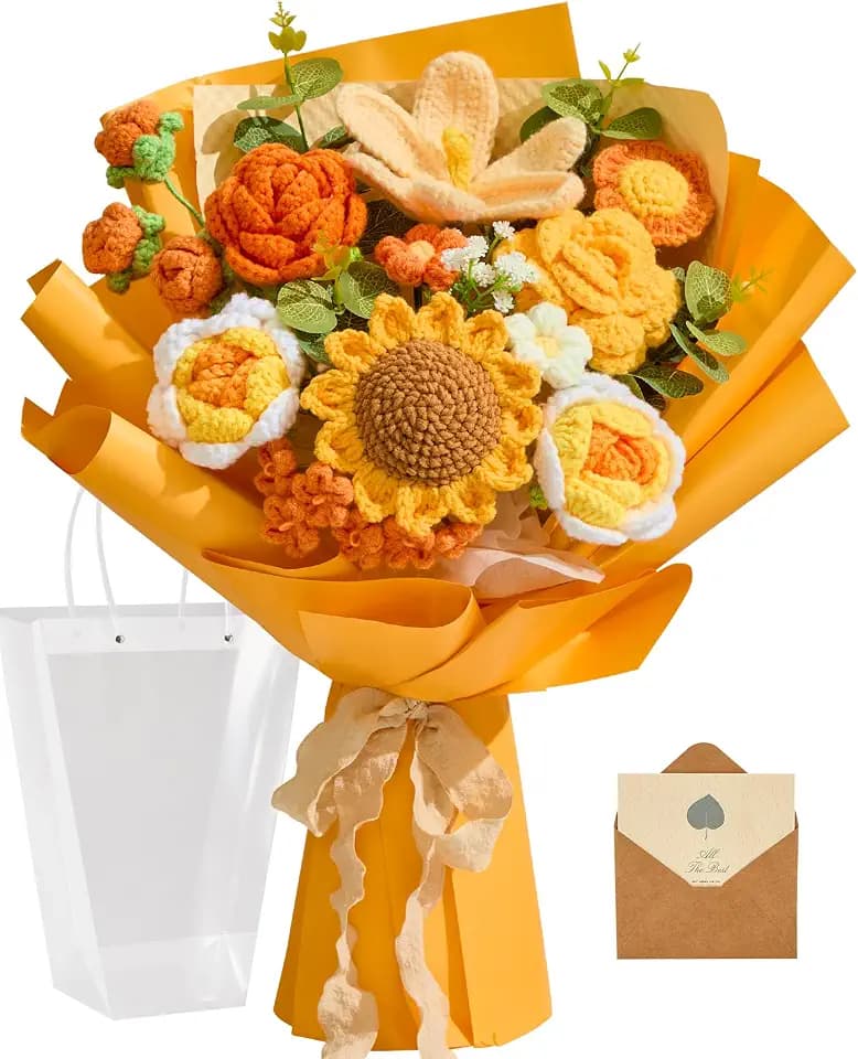 Alecono Large Orange Crochet Sunflower Bouquet Handmade Knitted Floral Set