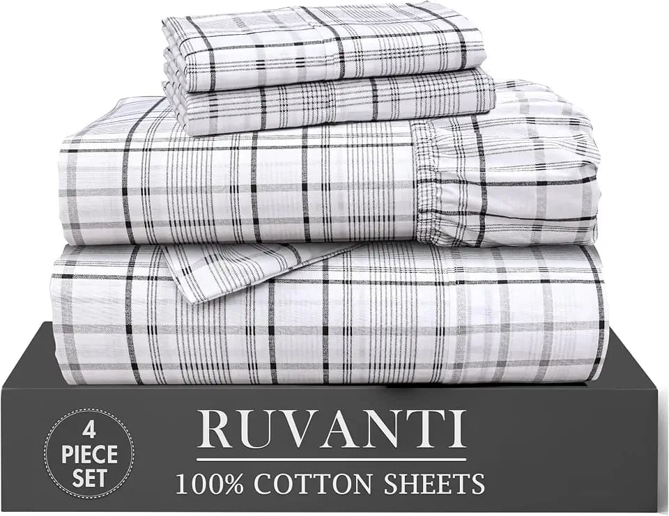 RUVANTI 100% Cotton Twin Sheets, Percale Weave Twin Sheet Set, Open Check