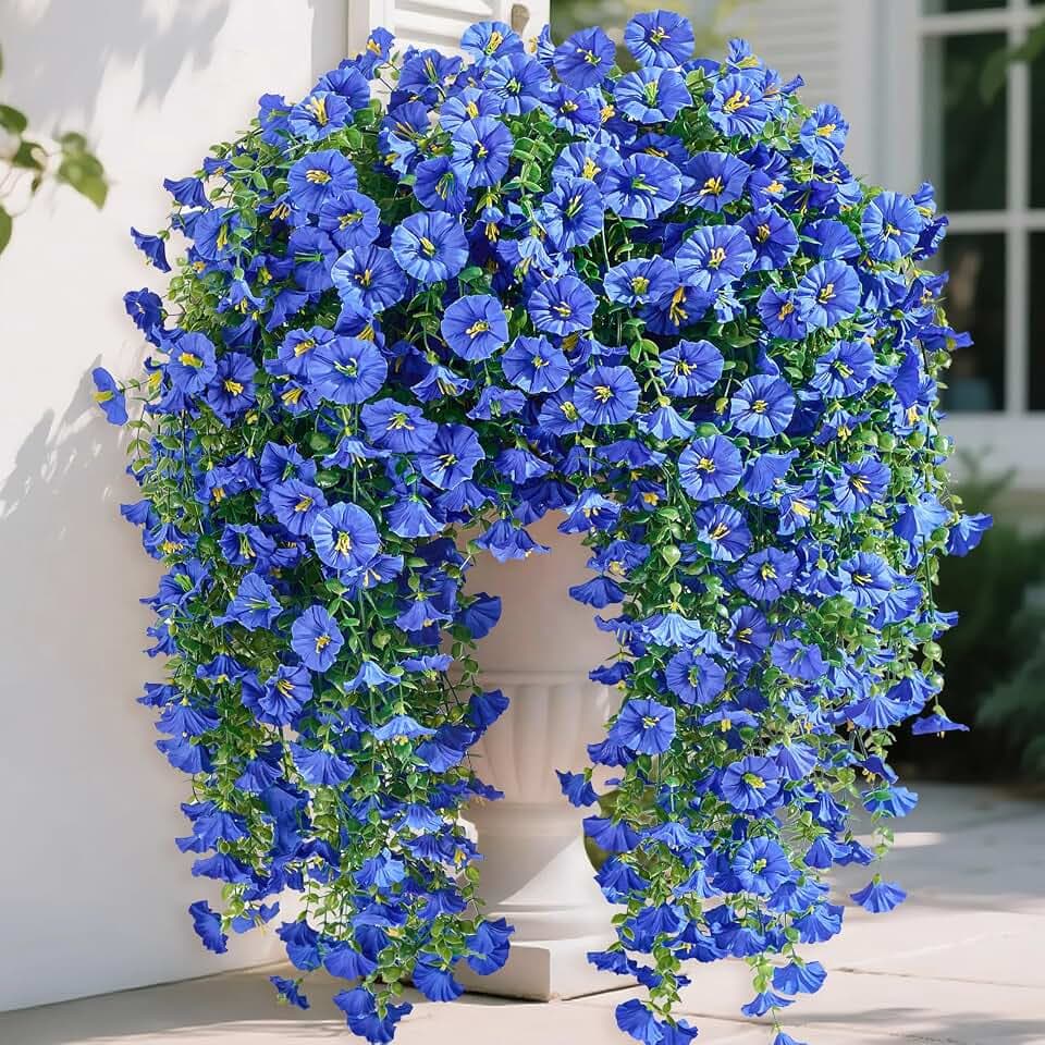 Serwalin Artificial Hanging Flowers for Outdoors UV Resistant, 4PCS Faux Morning Glory Fake Outdoor Flowers Realistic Silk Flower Faux Plants for Outside Planter Front Door Porch Patio Yard Decor