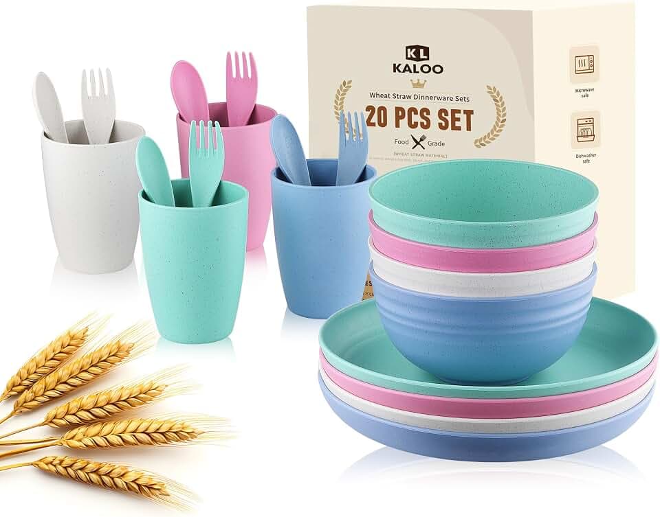 Wheat Straw Dishes Dinnerware Sets, Kaloo 20pcs Lightweight Unbreakable Dish Set, Microwave and Dishwasher Safe, Reusable Kids and Toddler Plates and Bowls Sets