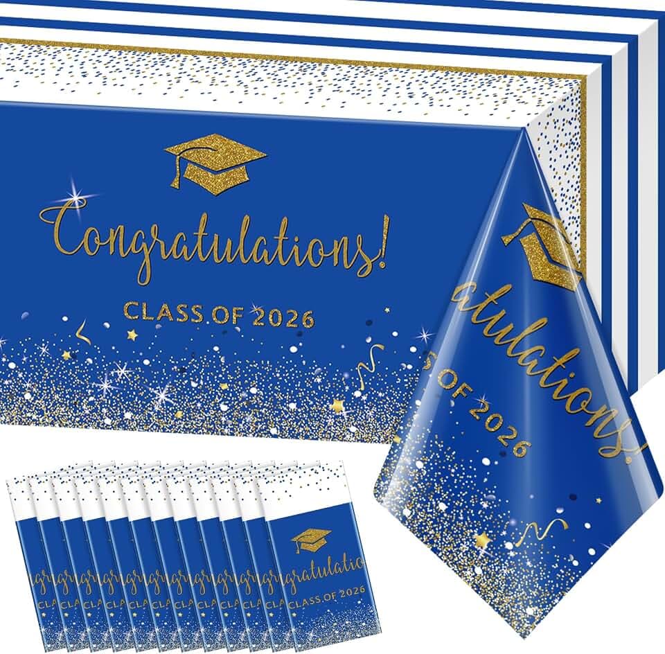 12 Pack Class of 2026 Graduation Tablecloths,Foil Dot Plastic Disposable Rectangle Table Covers for 2026 High School University College Graduation Party Decorations,108*54 Inch (Blue and Gold )