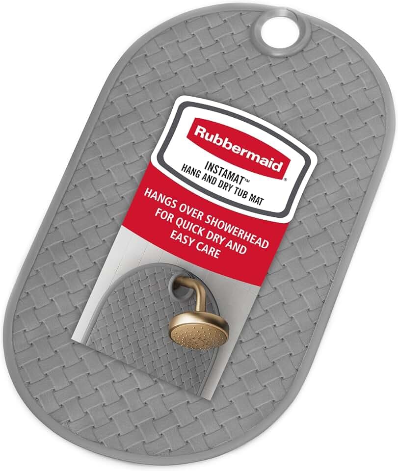 Rubbermaid INSTAMAT Bath Tub Shower Mat, Non-Slip Tub Mat with Suction Cups, Bath Mat Hangs on Showerhead for Quick Dry, 27.2 x 15.2 Inch, BPA-Free, Easy to Clean, for Inside Tub or Shower, Grey