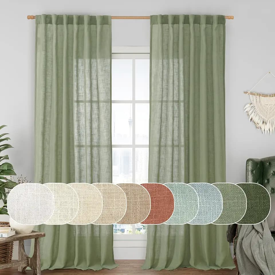 LAMIT Sage Green Linen Curtains 90 Inch for Living Room Bedroom 2 Panels