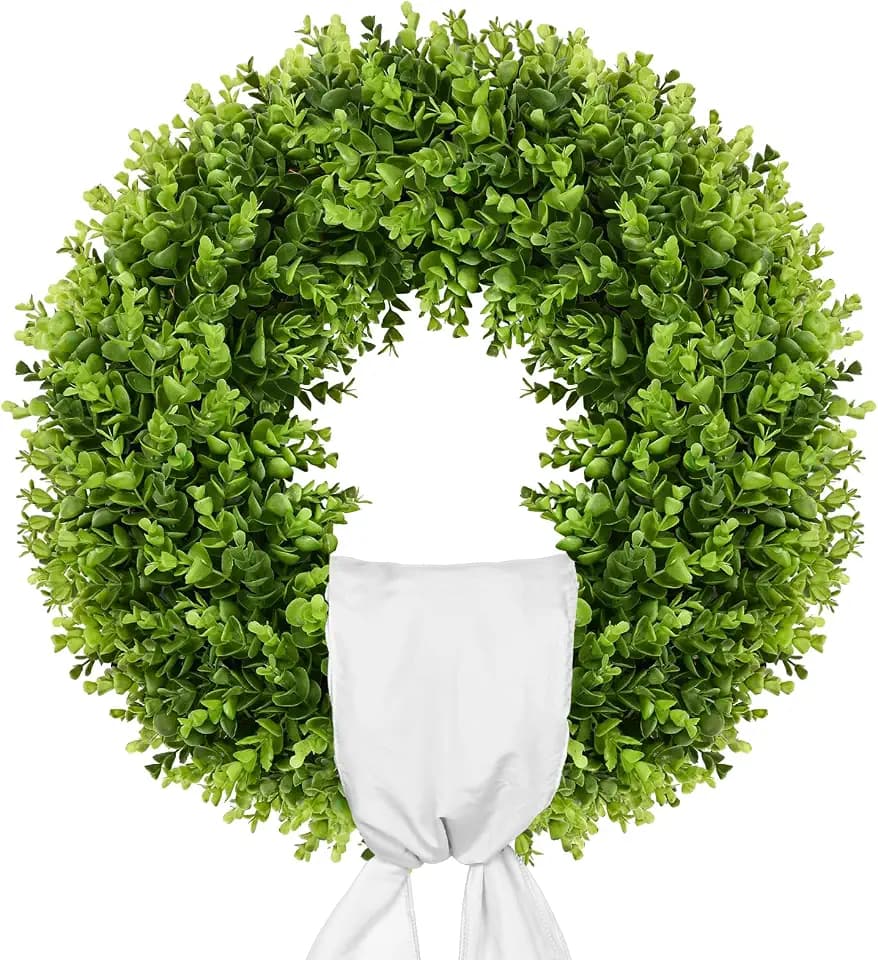 Vlorart 20" Boxwood Wreath for Front Door with Sash & Plaid Bow, Full Lush Artificial Greenery Wreath for Spring Summer Farmhouse Wall, Window & Wedding Decor