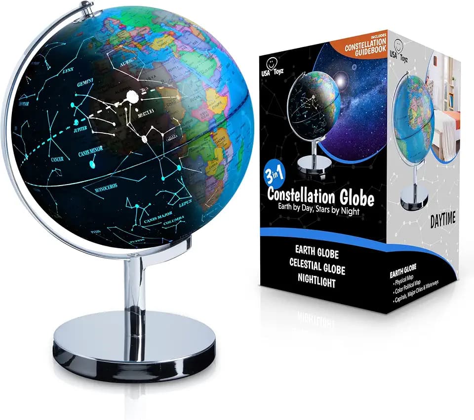 USA Toyz Illuminated World Globe with Stand - 3in1 STEM Globes for Adults and Kids, Constellation Map, Built-In LED Night Light Lamp, Easy to Read Texts, Non-Tip Base, 13.5 Inch Tall, 9 Inch Diameter
