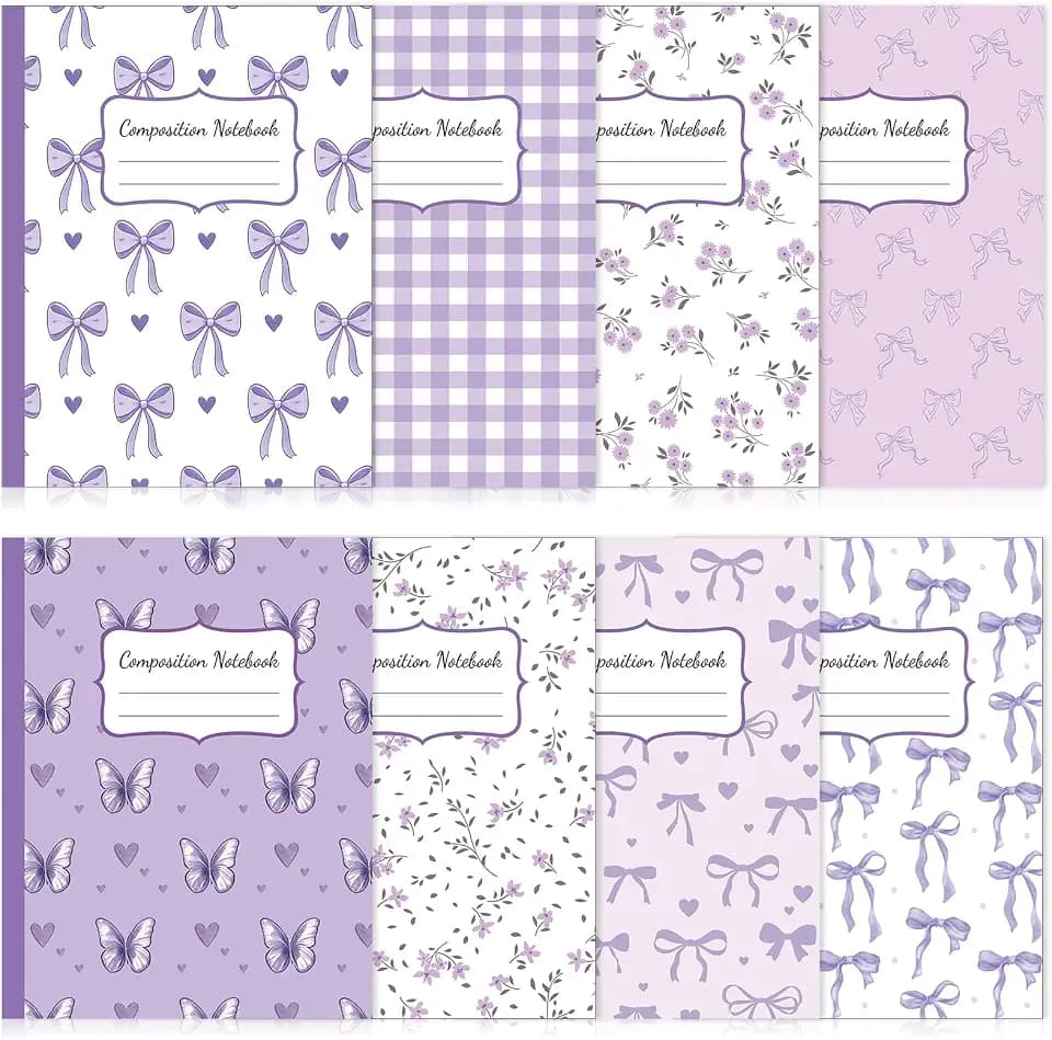 8 Pack Purple Bow Composition Notebooks College Ruled 9-3/4 x 7-1/2''