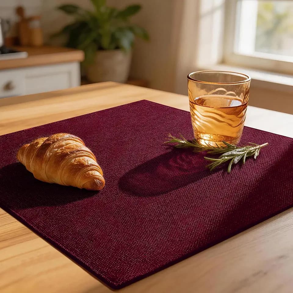 Linen Fabric Placemats Set of 6, Machine Washable, Heat Resistant, Wrinkle Free, Thick Polyester Kitchen Place Mats for Dining Table (Burgundy)