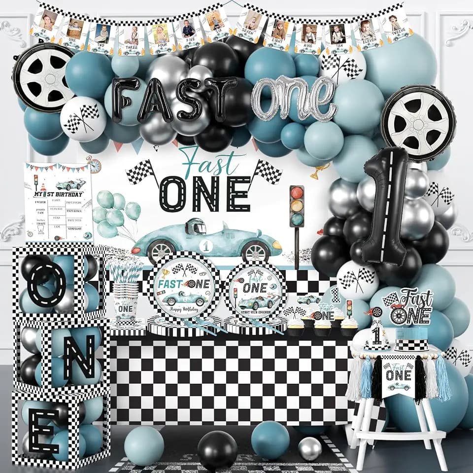 Fast One Birthday Decorations for Boys,Fast One Birthday Decorations- Race Car Banner Backdrop Plates Napkins Tablecloth Balloons for 1st Birthday Decorations Boy