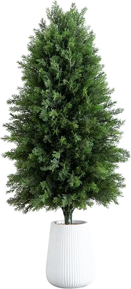 Nearly Natural 3-FT Artificial Conical Cedar Tree, Indoor/Outdoor UV Resistant Faux Cedar Tree in Decorative White Planter for Front Porch Décor
