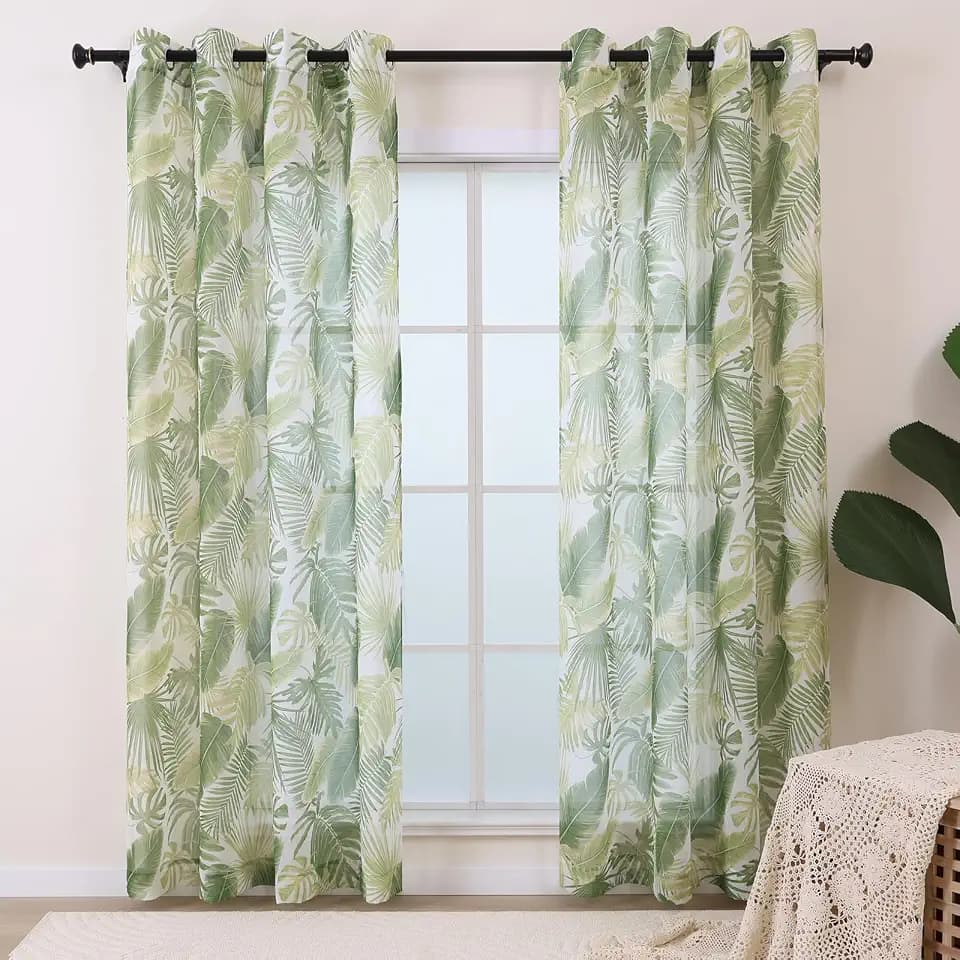 L.Z.E Patterned Sheer Curtains for Living Room, Modern Extra Long Tropical Leaf Sheer Curtains & Drapes for Bedroom Dining Room, See-Through Window Sheers Grommet Top 108 Inches Long 2 Panels Set