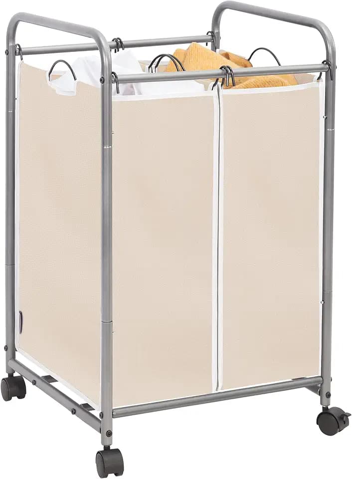 STORAGE MANIAC 2 Section Laundry Sorter, Laundry Hamper with Wheels, Beige