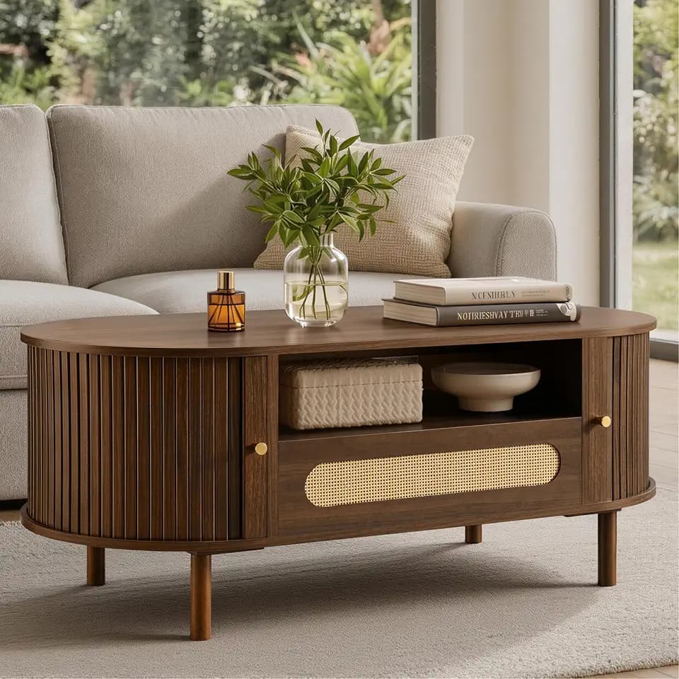 KISLOT Oval Coffee Table with Drawer,47.2" Fluted Center Table for Living Room,Modern Coffee Tables with Sliding Tambour Door,Farmhouse Table with Hidden Storage,Walnut