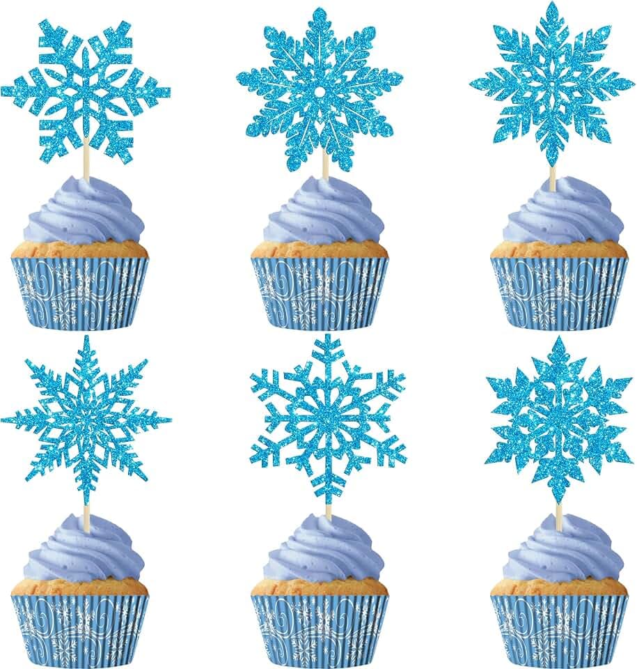 Gyufise 36Pcs Snowflake Cupcake Toppers Glitter Frozen Cupcake Picks Snowflake Cake Decorations for Winter Wonderland Frozen Theme Baby Shower Birthday Christmas Party Supplies Blue