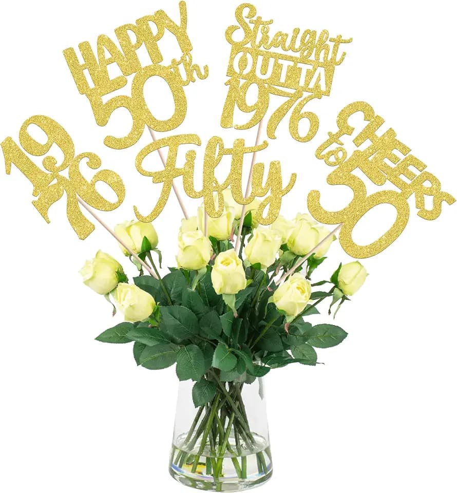 15 PCS 50th Birthday Centerpiece Sticks Fifty Happy 50th Straight Outta 1976 Table Flower Centerpieces Sticks Cheers to 50 Floral Decorations for 50th Birthday Party Centerpieces Supplies Gold