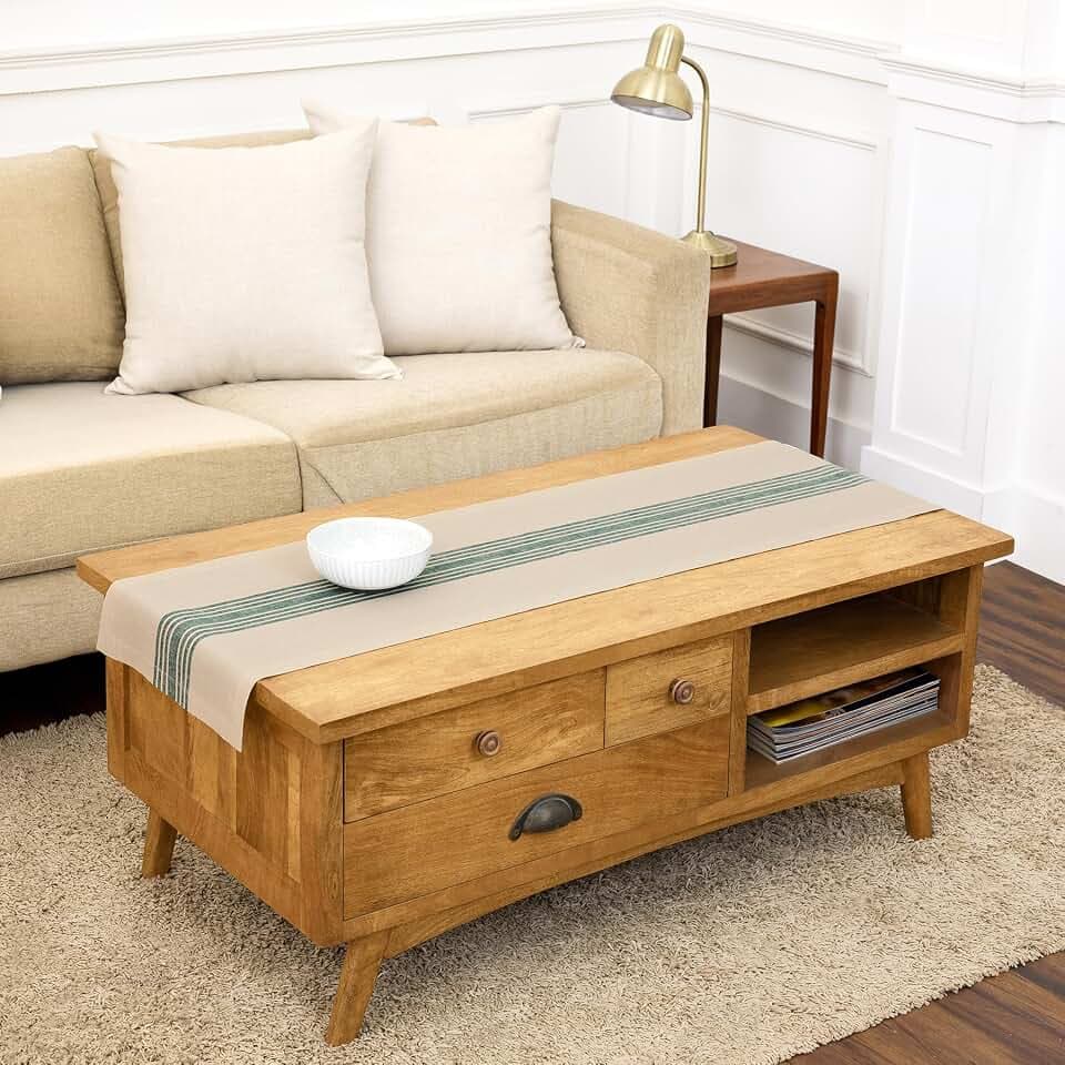 Solino Home 100% Linen Table Runner, 14 x 60 in, Green and Natural Striped