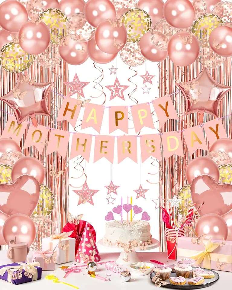 Lutoys Rose Gold Happy Mothers Day Decorations, Happy Mother’s Day Banner, Rose Gold Foil Heart Star Confetti Balloons Curtain Backdrop Hanging Swirls Party Decor for Mom Women