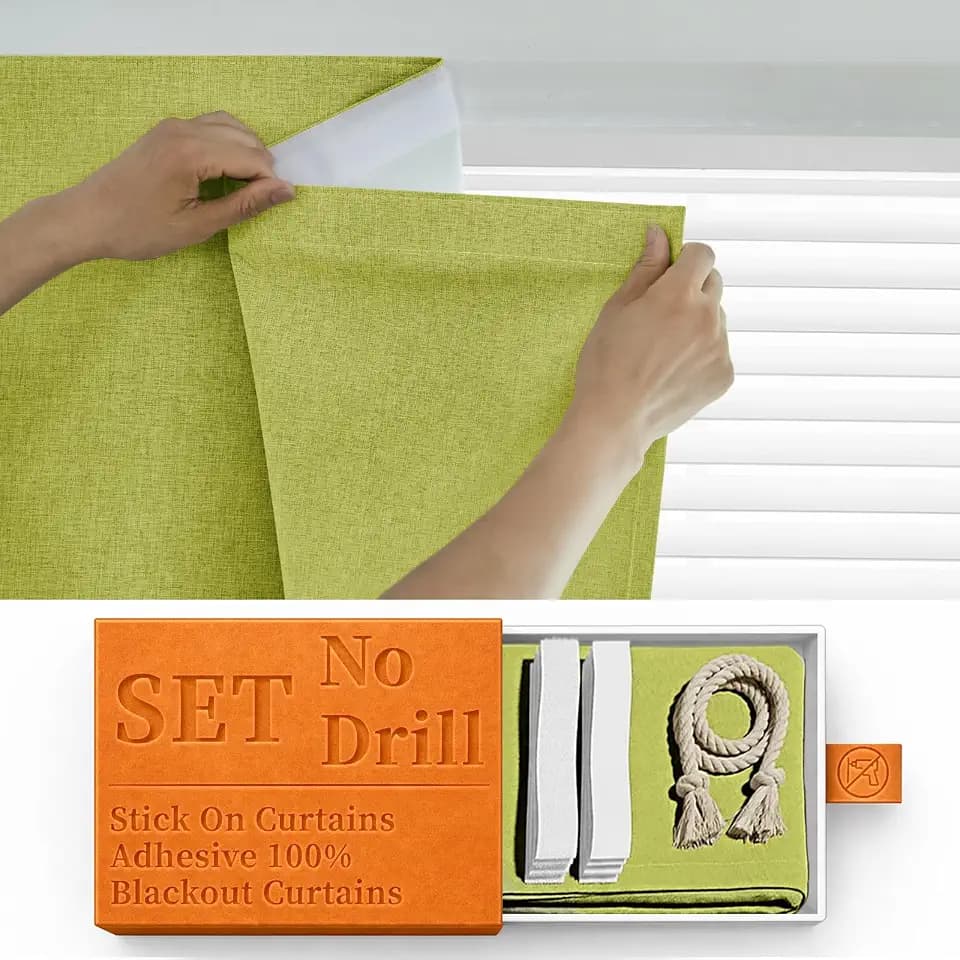 100% Blackout Self Adhesive Curtains, Black Out Shade for Window, Fabric Temporary Window Coverings Easy to Hang Curtains No Rod Needed, Use for Room, Kitchen, W52 x L60 inch, 1 Panel, Fruit Green