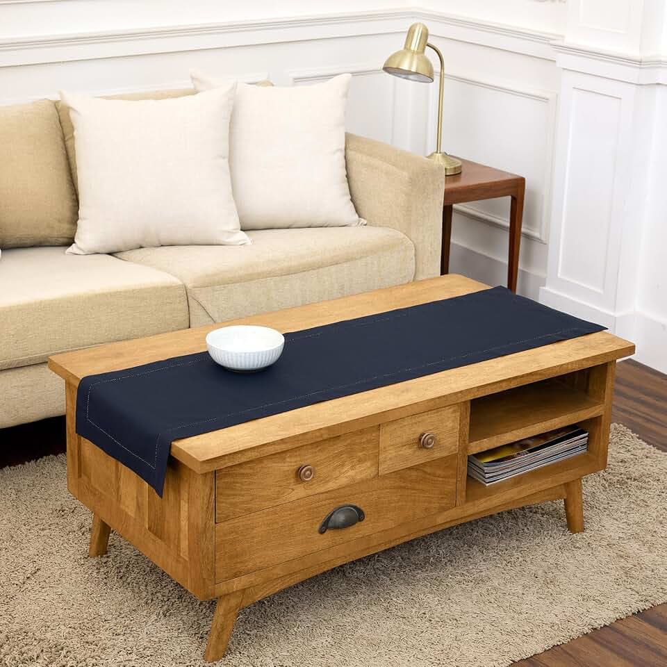 Solino Home Cotton Linen Table Runner Navy, Hemstitch Collection 14 x 48 in