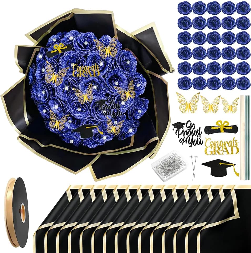 JarThenaAMCS 2026 Graduation Glitter Rose Bouquet 36Pcs Blue Rose Artificial Flowers with Stems 20Pcs Black Gold Trim Wrapping Paper DIY Toppers 3D Butterfly Rhinestone Pins Ribbon for Congrats Grad