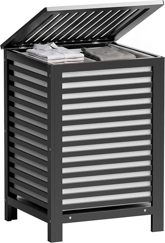 SMIBUY Double Laundry Hamper with Lid, 120L Bamboo Laundry Basket with Removable Liner Bag, 2-Section Clothes Divider Laundry Sorter for Laundry Room, Bathroom, Bedroom (Black)