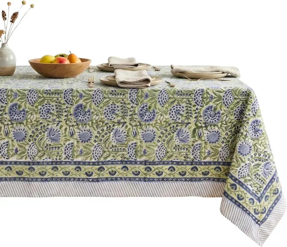 ATOSII Cotton Blockprint Rectangle Table Cloth, Amara Green, 108" X 60"