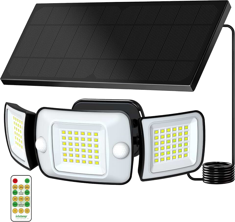 INTELAMP Solar Strahler mit Bewegungsmelder mit Fernbedienung, 6000mAh 1200LM Außenleuchte,4 Modi 270°Weitwinkel Solarlampen für Außen 108 LED IP65 Wasserdichte Wandleuchte für Garage, Garten