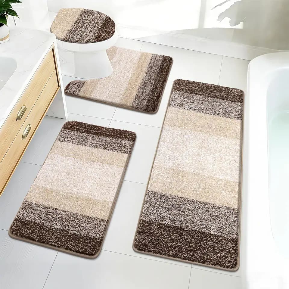 Bsmathom Bathroom Rug Set 4 Piece, Plush Microfiber Bath Mat, Dark Coffe