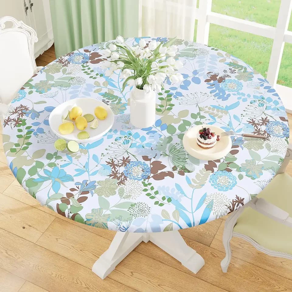 misaya Round Fitted Tablecloth with Elastic Edge, 100% Waterproof Oil Proof Plastic Table Cover, Vinyl Flannel Backed Tablecloth Fits 25"-30" Round Tables for Dinner, Outdoor, Picnic, Leaves