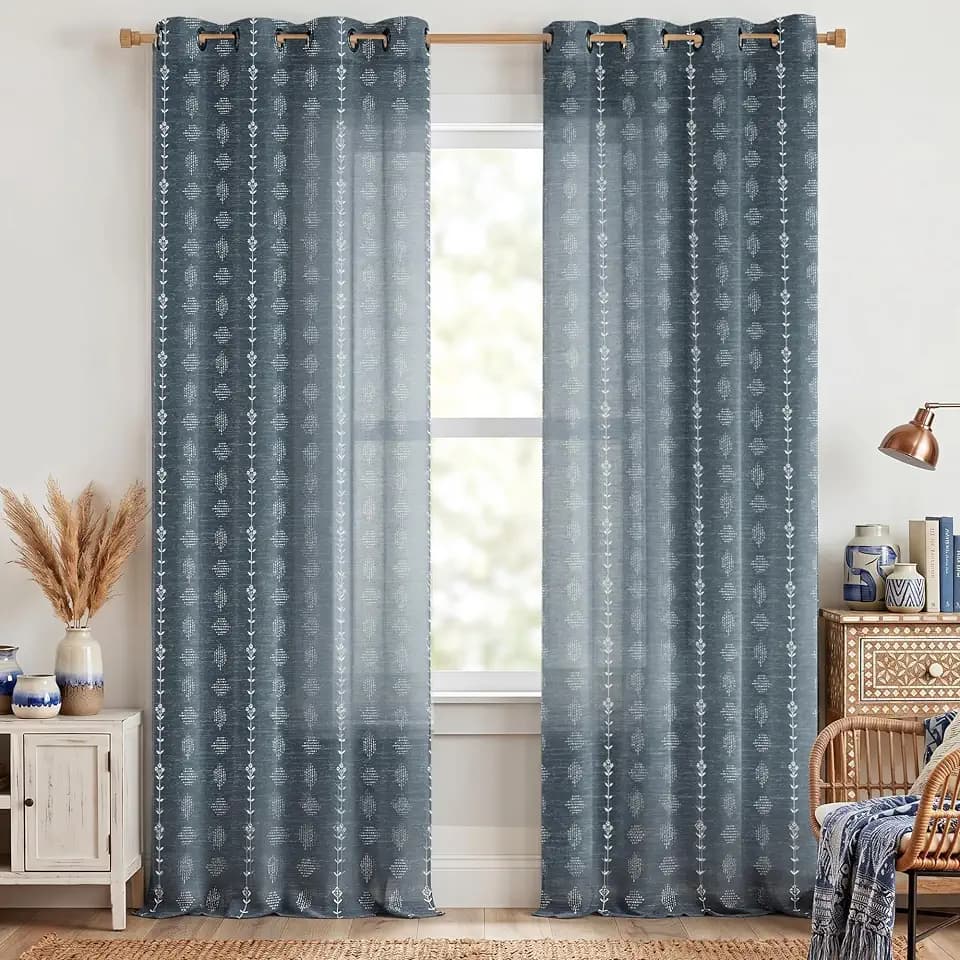 Vintage Washed Navy Blue Boho Farmhouse Linen Curtains for Bedroom Living Room, Dark Denim Chambray Floral Sheer Patterned Western Navajo Distressed Curtains 84 Inch Length
