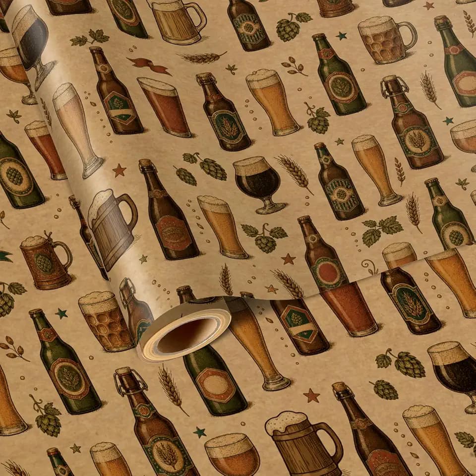 Vintage Beer Kraft Wrapping Paper Roll for Men, Retro Beer Bottle Gift Wrap, Rustic Brew Wrapping Paper with Brewery Bottles Glasses Hops Wheat Design for Dad Husband Birthday, 17 In x 16.4 Ft