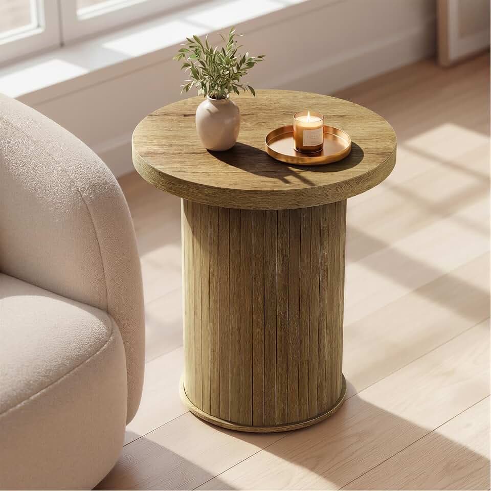 VASAGLE Round Side Table, Tambour End Table, Mid Century Modern Nightstand