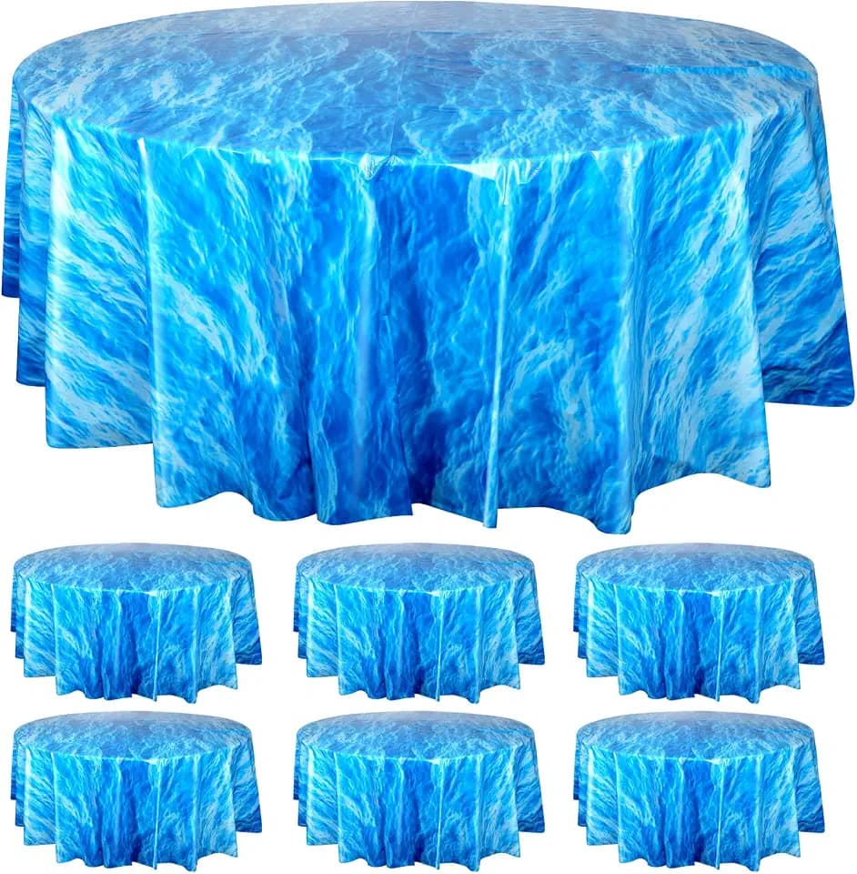Hallswl 6 Pcs 84 Inch Round Ocean Waves Plastic Disposable Tablecloths