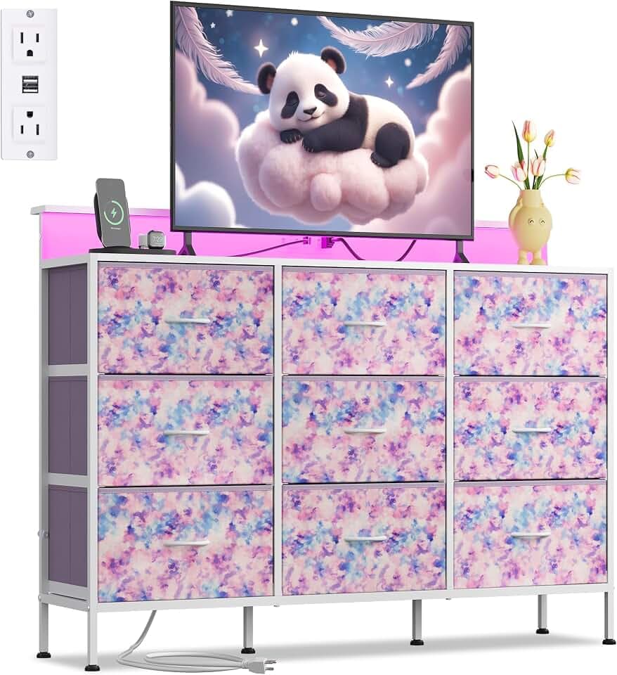 WLIVE Dresser TV Stand 9 Drawers, Fabric Chest LED Lights, Tie-dye