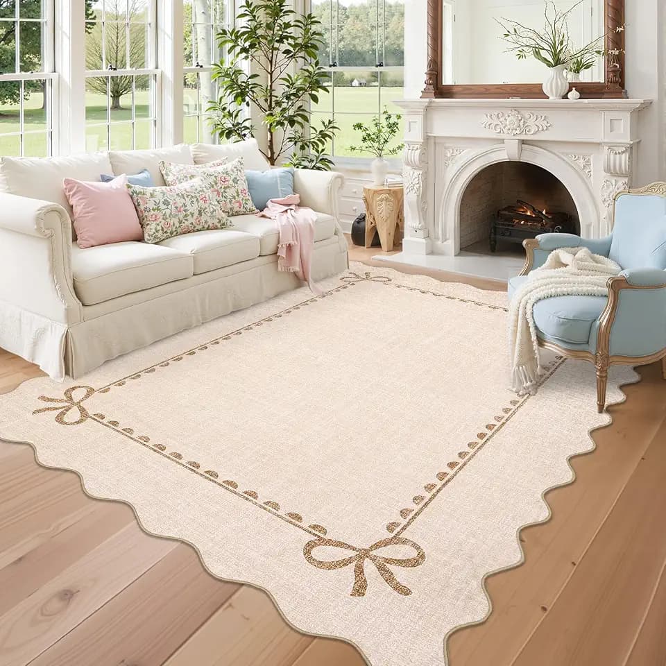 GarveeHome Scalloped Bow Rug 5x7 Washable Beige Rug for Bedroom Living Room