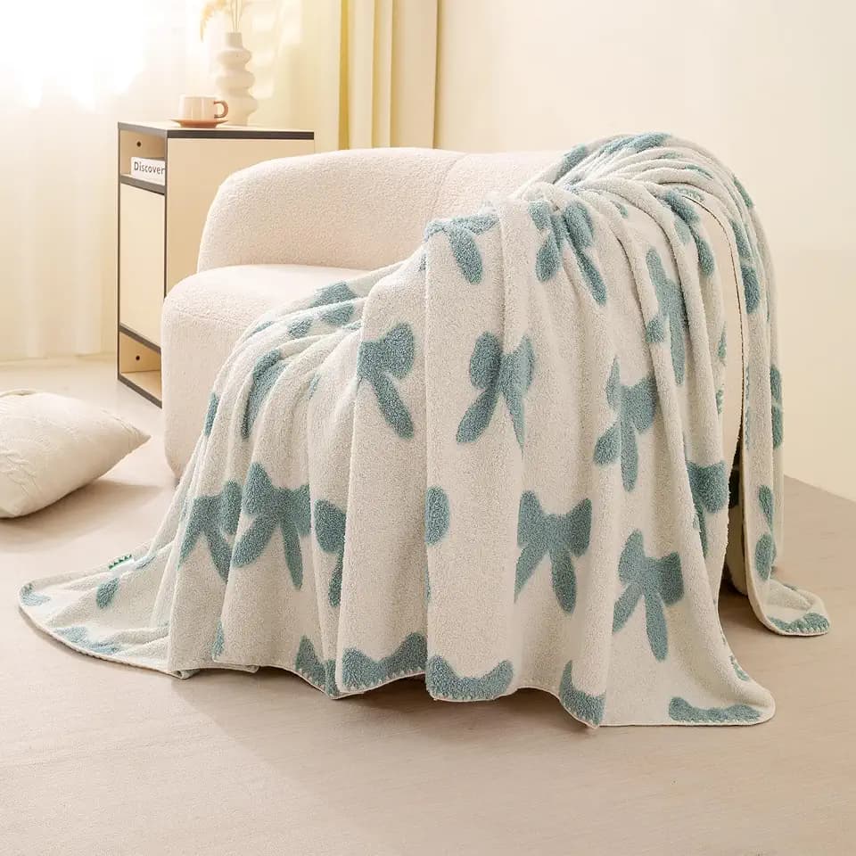3D Bow Pattern Fleece Throw Blanket, Cozy Warm Plush Blanket, for Ladies, All Season Soft Blanket for Bed Couch Sofa, Machine Washable, Blue 60" x 80"