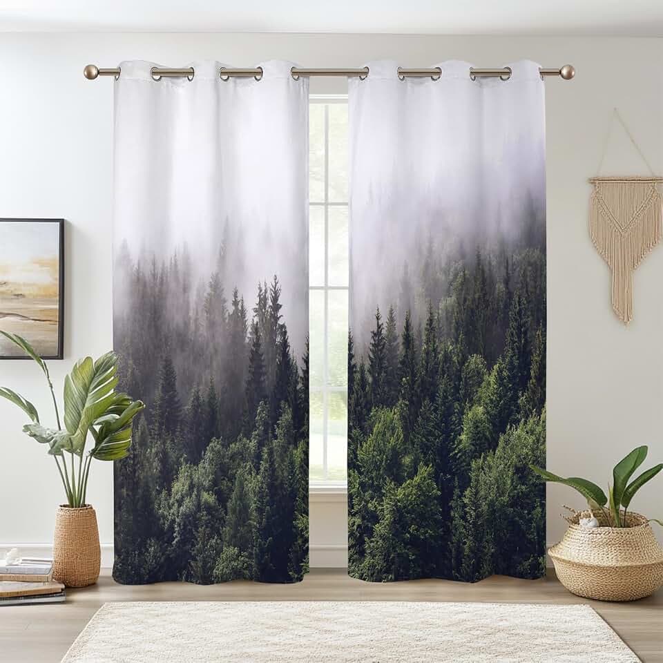 Misty Foggy Conifer Pine Forest Window Curtains 2 Panels 63" L x 42" W
