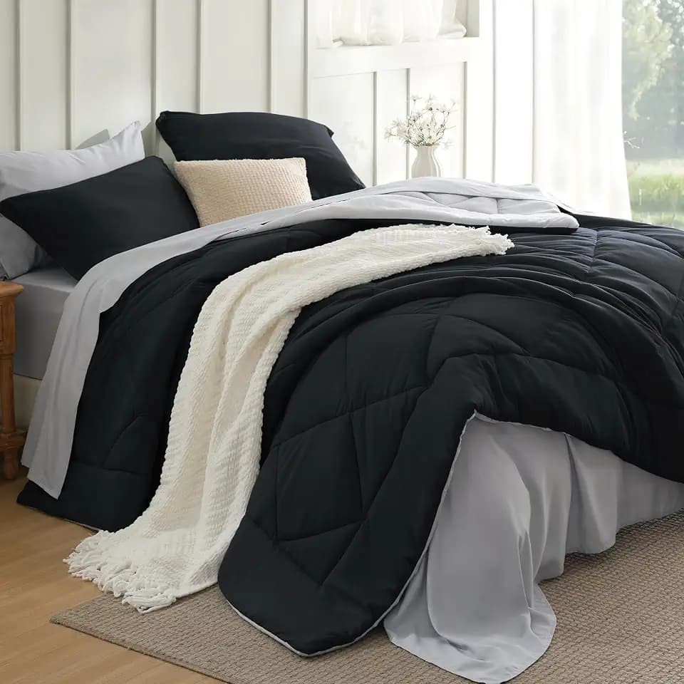 Bedsure Queen Bed in a Bag Reversible Bed Set 7 Pcs Dark Black/Silver Grey