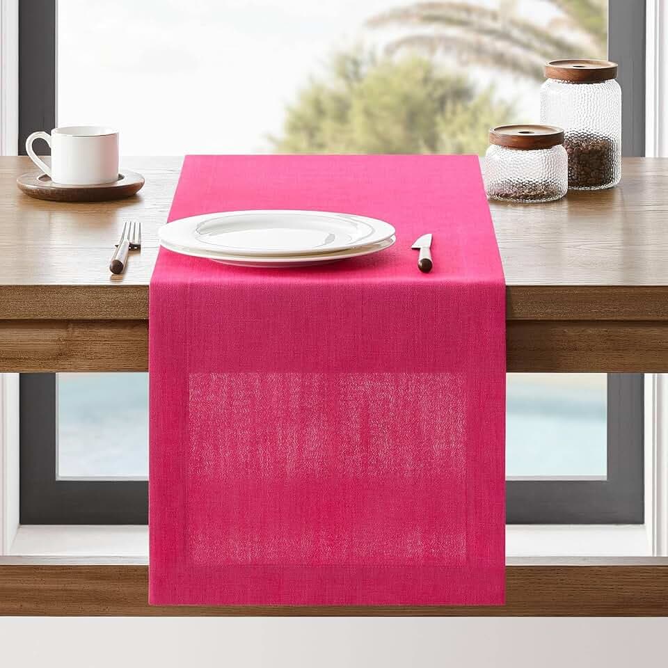 ZeeMart Linen Textured Border Table Runner, 14 x 108 Inch Hot Pink