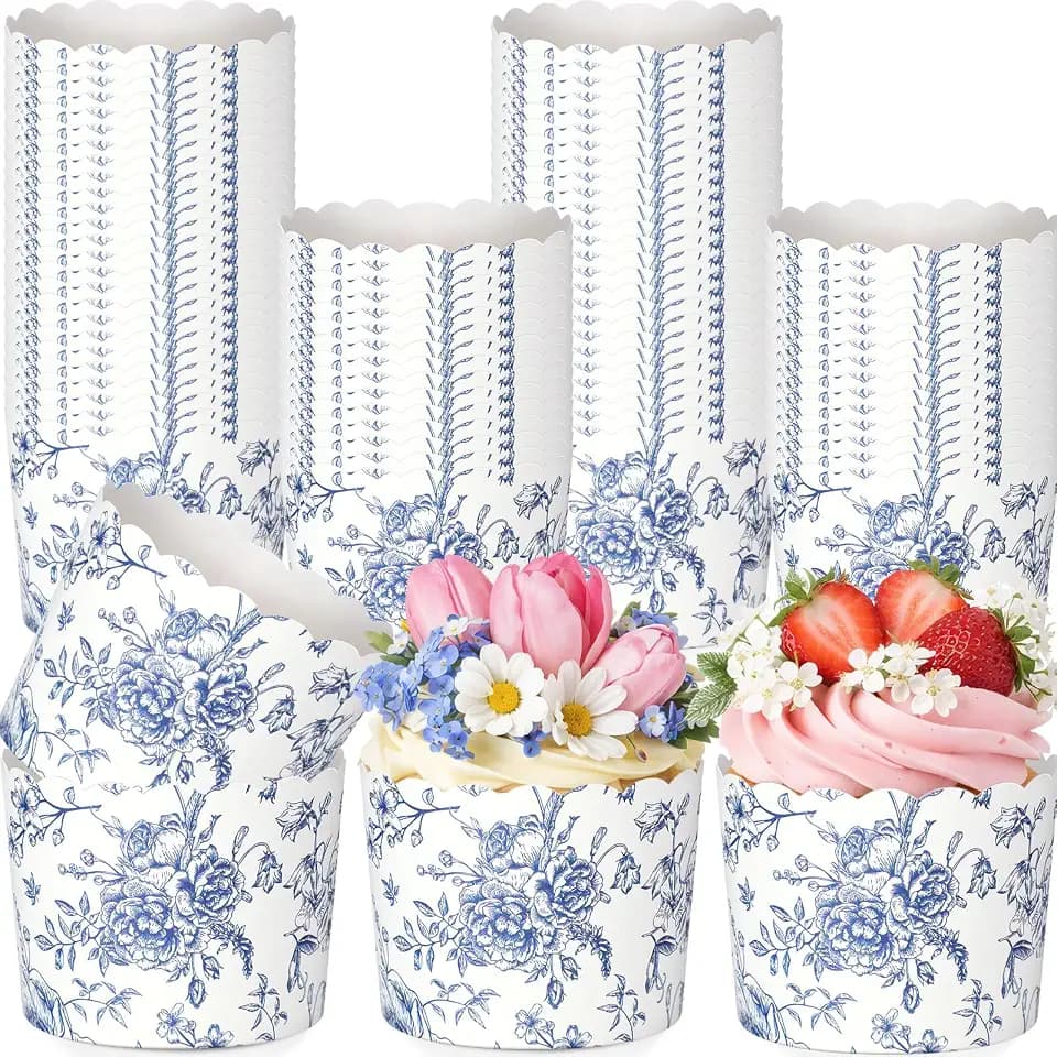 Funnymoom 100 Pcs Blue Floral Paper Baking Cups Blue White Wildflower Ice Cream Cup Disposable Cupcake Liners Wrappers Decorative Dessert Bowls for Food Baby Shower Wedding Birthday Party Supply