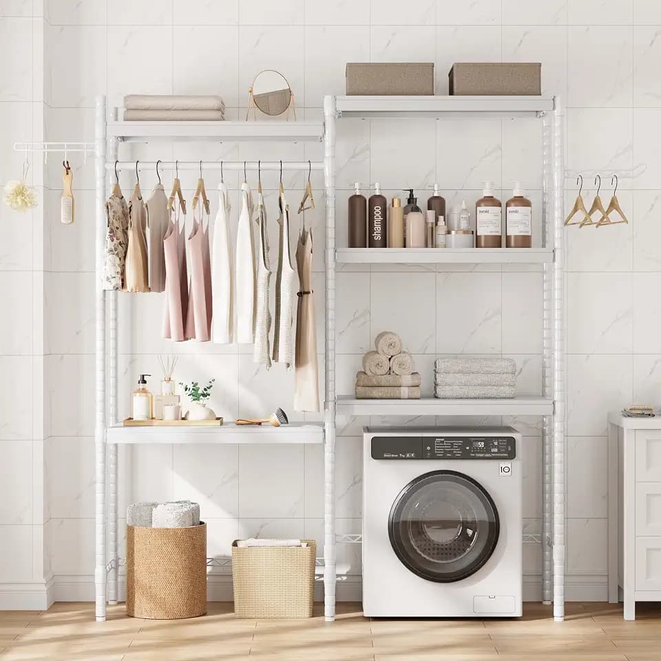 GarveeHome 5-Tier Over-The-Washer Storage Shelf - Adjustable Height Laundry Organizer with Double-Layer Wood Shelves, Space-Saving Design for Bathroom (White, 30 in)