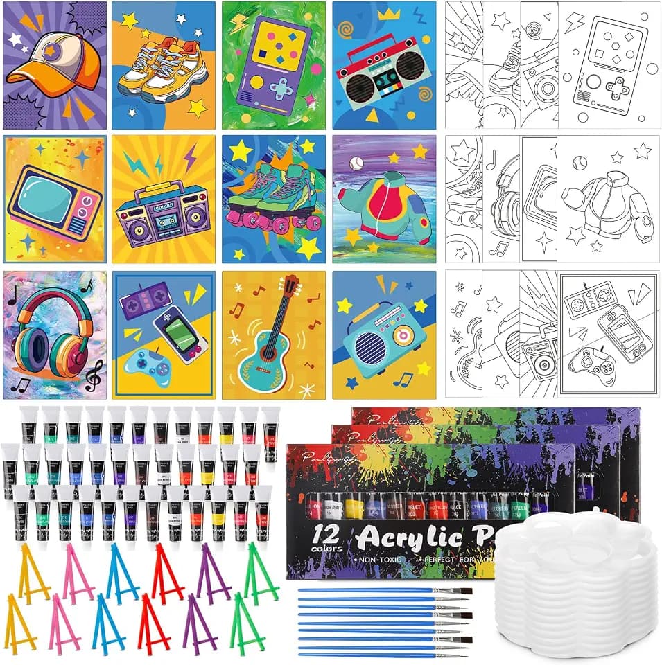 Sherr 108 Pcs Retro Time Sip and Paint Kit, Pre Drawn Canvas for Adults
