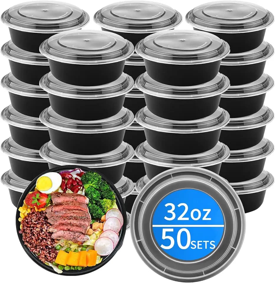 Heavy Duty Round Bowls, 32oz 50 Pack Meal Prep Containers with Lids