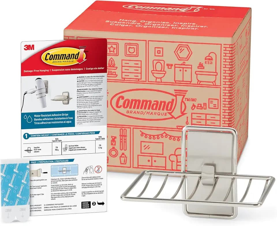 Command Soap Dish for Shower, Damage-Free Hanging, No Tools Soap Holder for Back to School Bathroom Organization, 1 Satin Nickel Dish and 2 Water-Resistant Strips