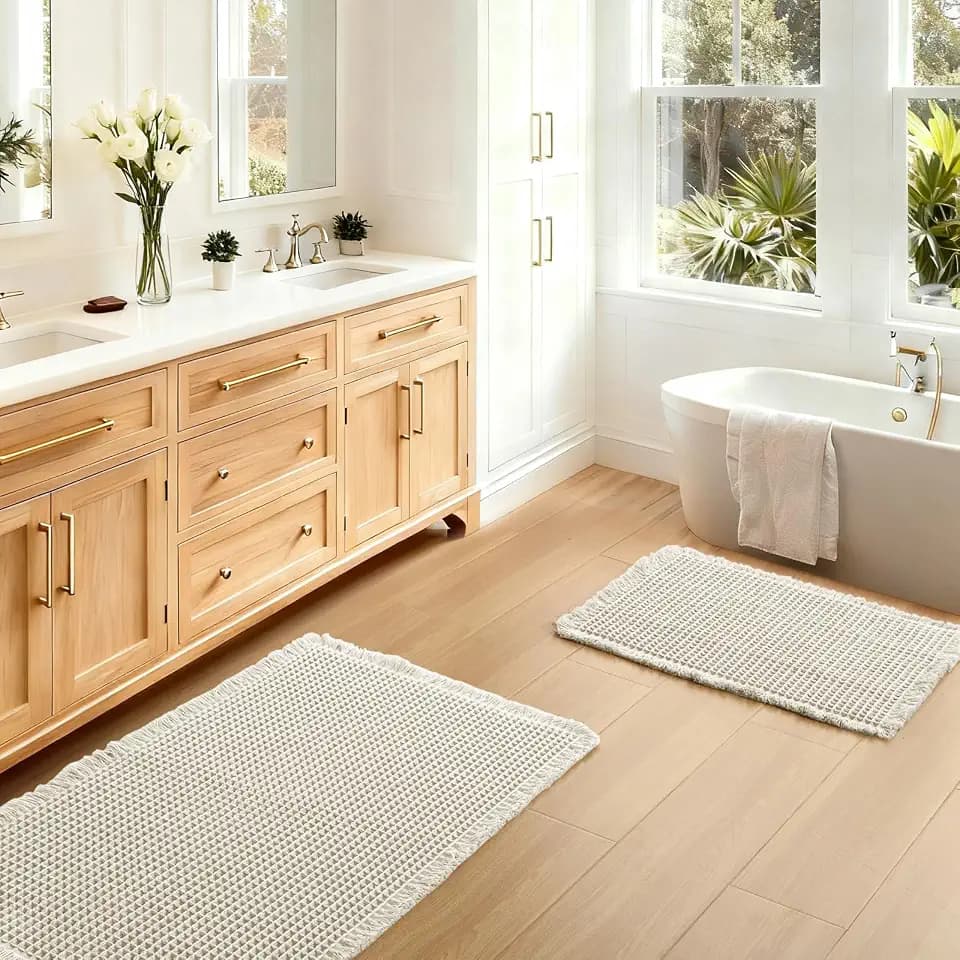 JIUZHEN Set of 2 Waffle Bath Mats Boho Bath Rugs 16"x24"+18"x30", Ivory