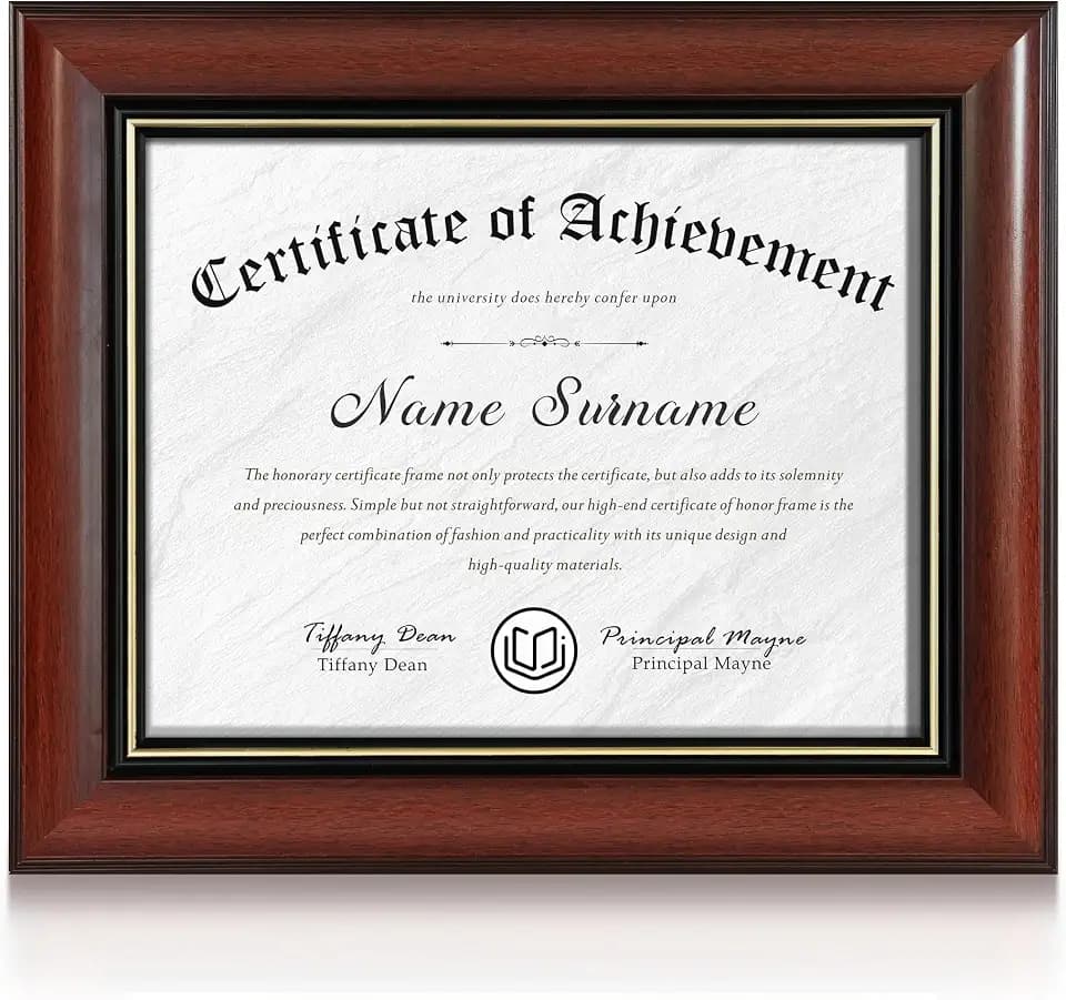 Wiscet Diploma Frame 8.5 x 11, Display 8.5 by 11 Picture Certificate Document Degree Frames with High Definition Glass, Wall Mount or Tabletop Display, Cherry Finish with Gold Rim
