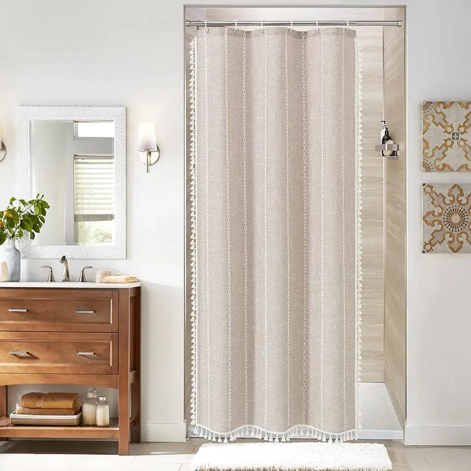 Boho Farmhouse Tassel Linen Shower Curtain,3D Embroidery Stripe Taupe,36x72