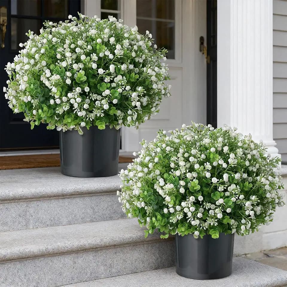 2 Set Artificial Eucalyptus & Flowers Topiary Trees for Porch (White-Green)