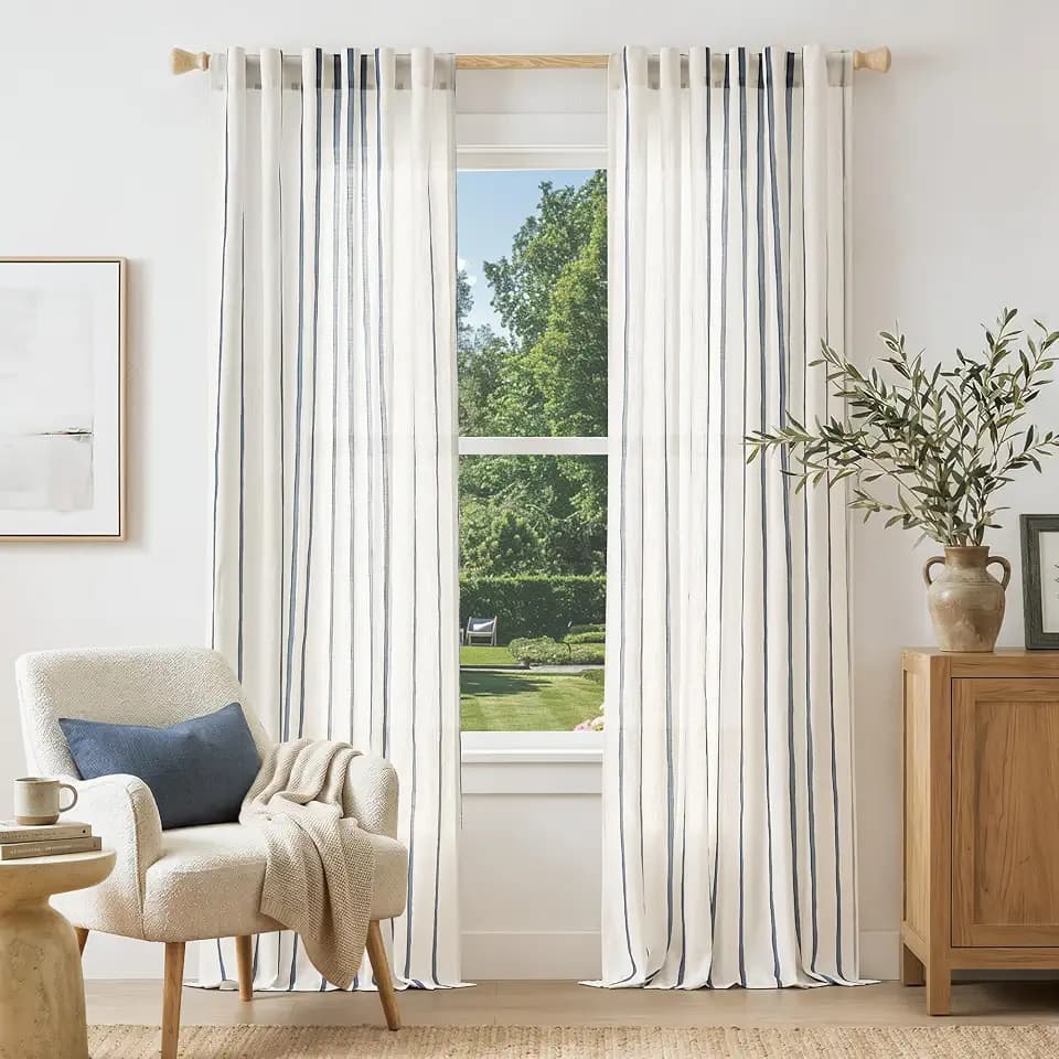Vangao Striped Curtains Blue on White Semi Sheer Curtains 96 Inches Long